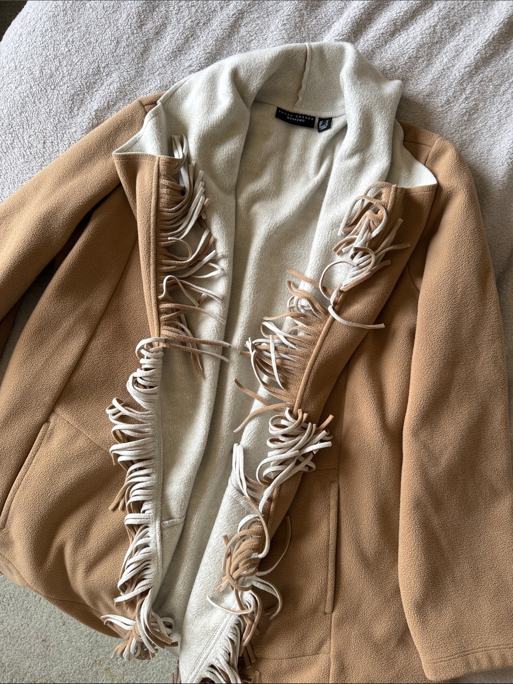 Susan Graver Cream Fringe Open‑Front Cardigan – Size Large